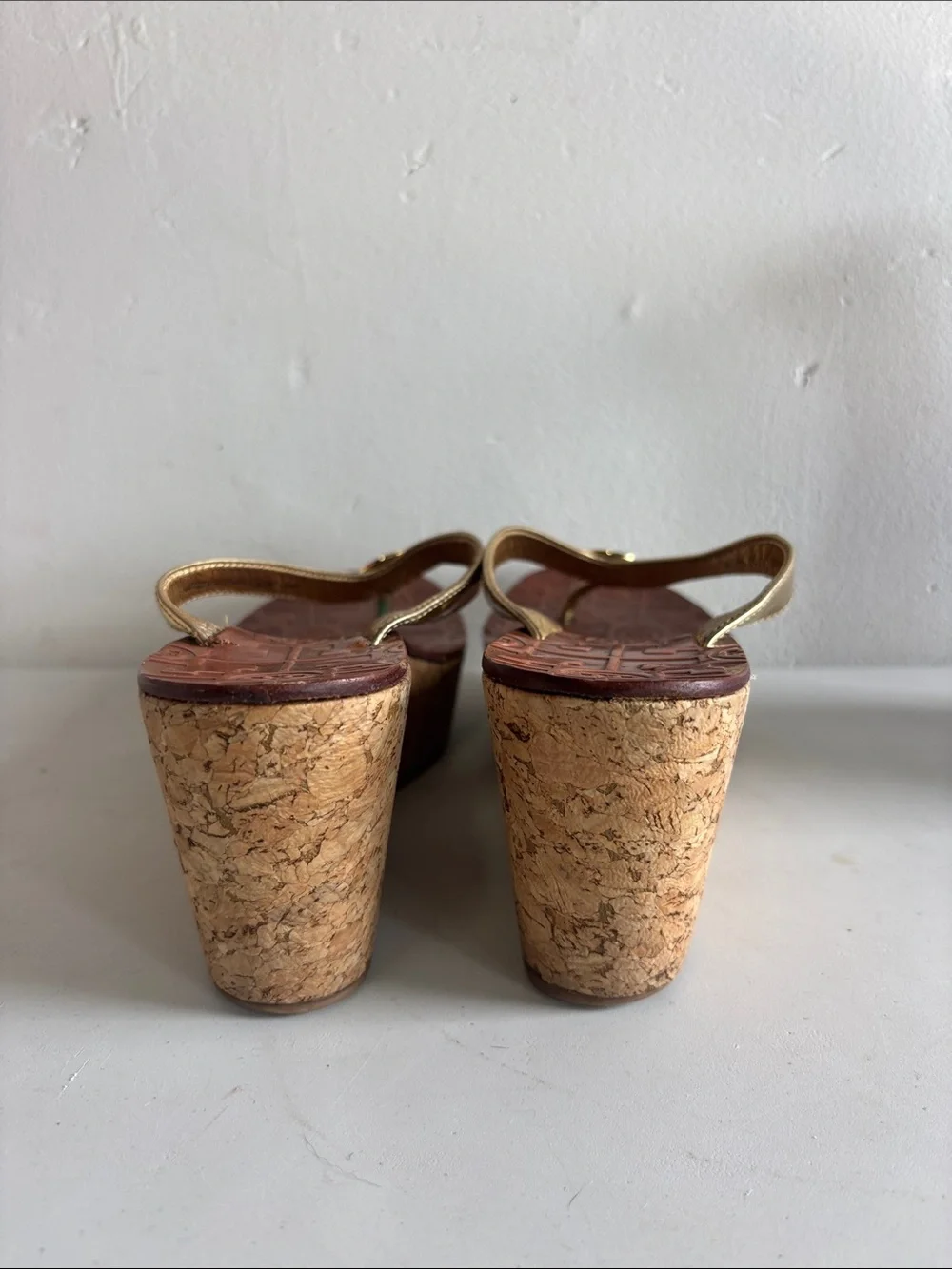 Tory Burch Thora Metallic Gold Leather Cork Wedge Thong Sandals